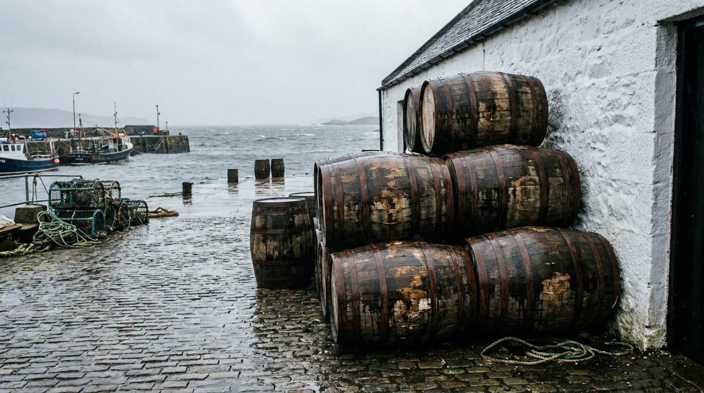 Whisky casks by a Campbeltown harbour warehouse