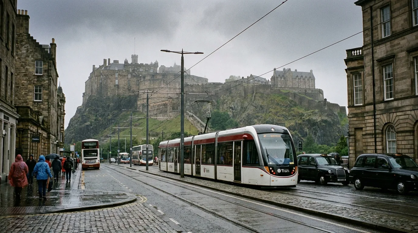 An Edinburgh tram with the castle beyond