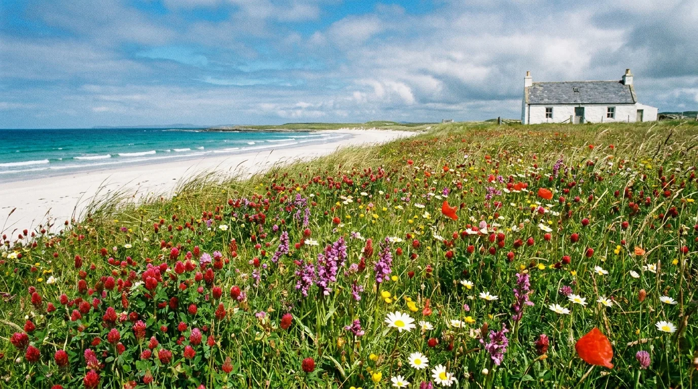 Machair wildflowers above a Tiree beach