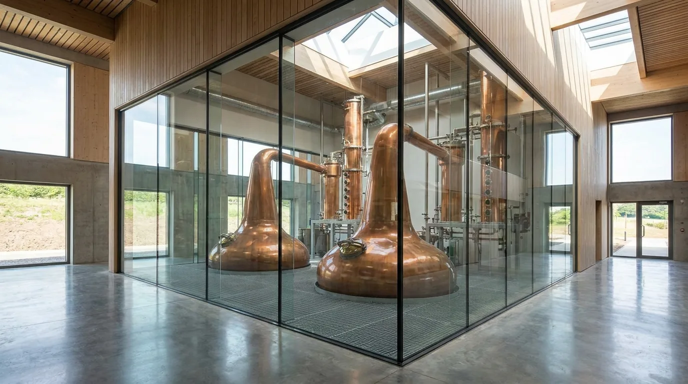 Copper stills in a modern Lowland distillery