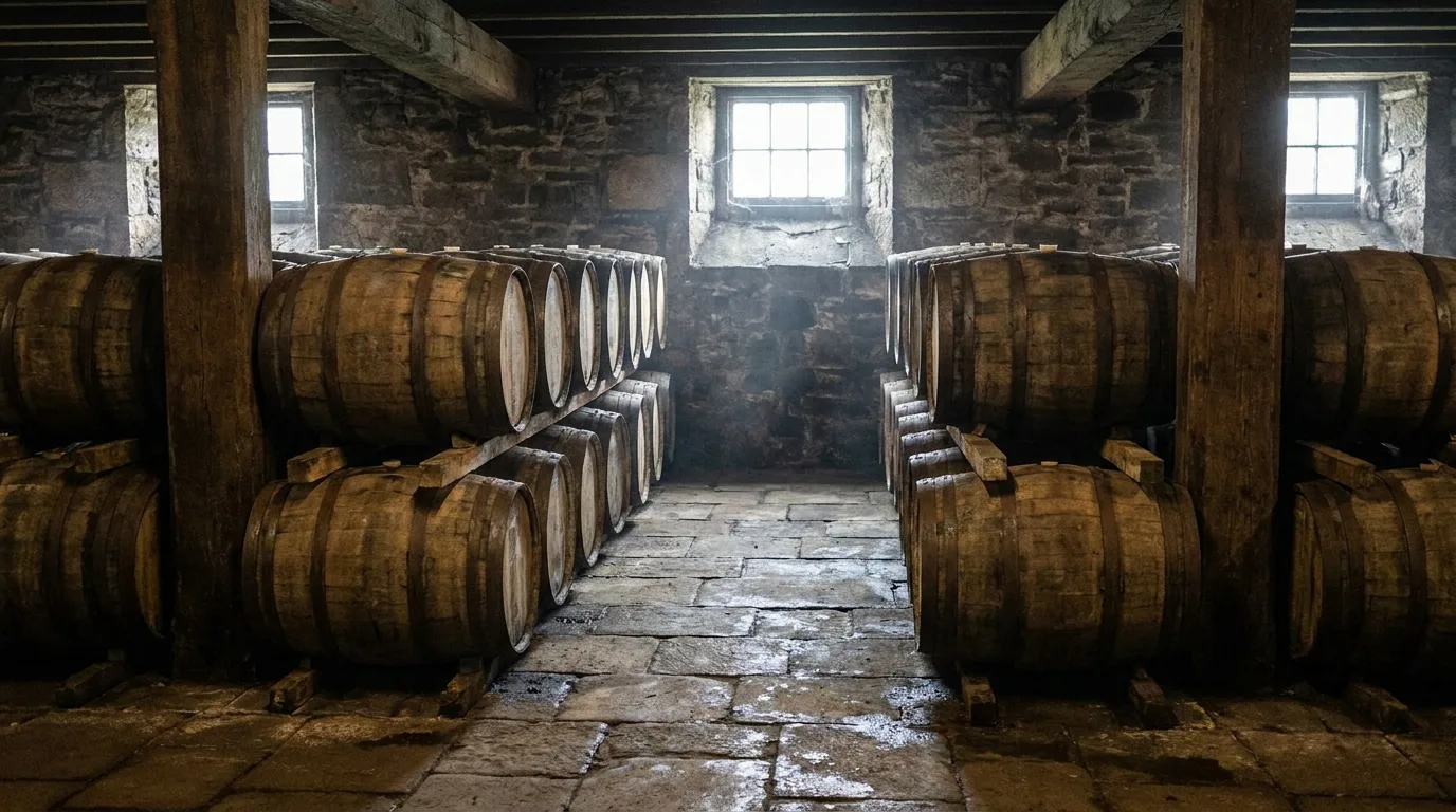 Oak casks in a Speyside dunnage warehouse