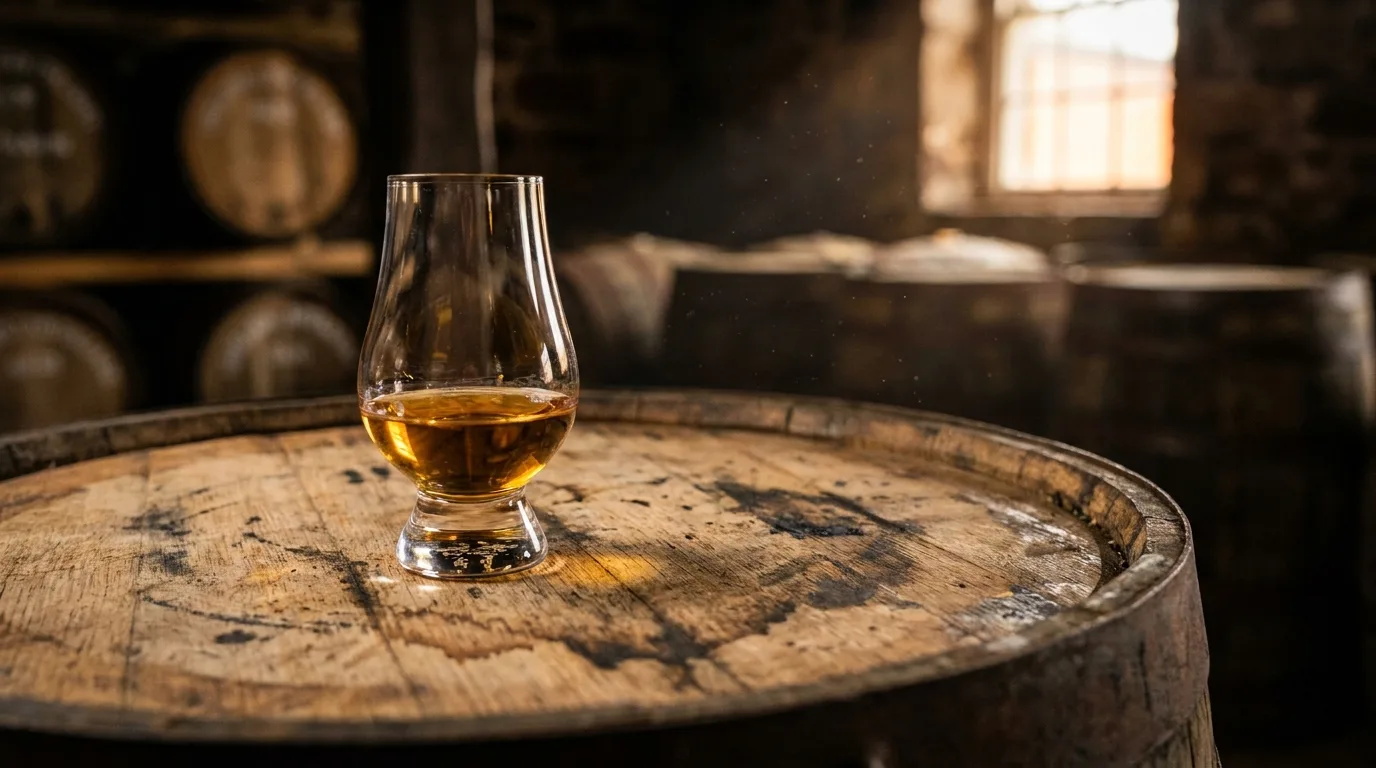 A dram of Scotch whisky on an oak cask